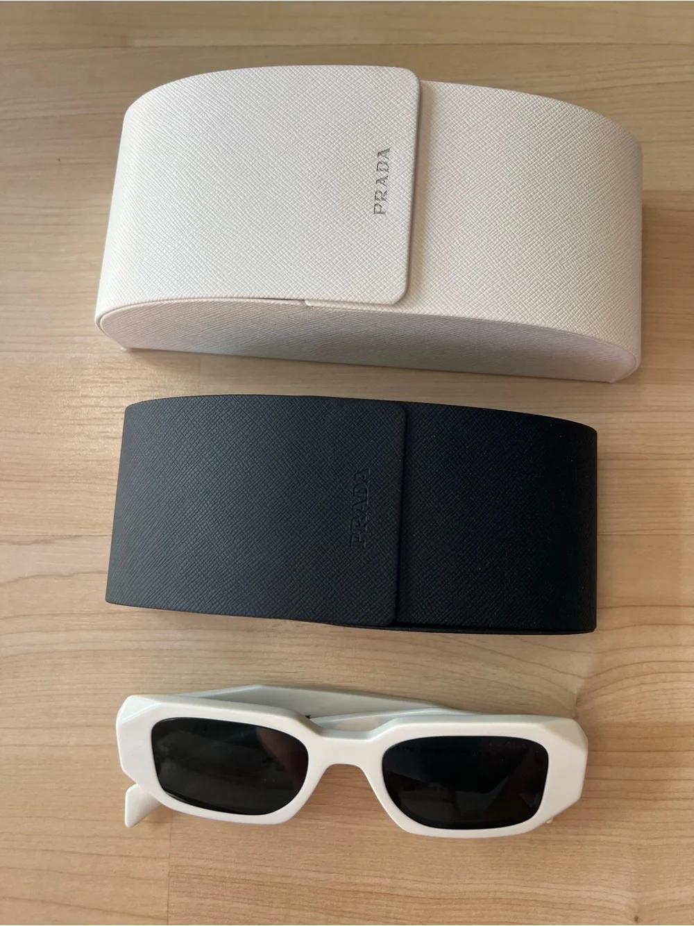 Prada White Sunglasses with Black Lenses and Dual Prada Cases